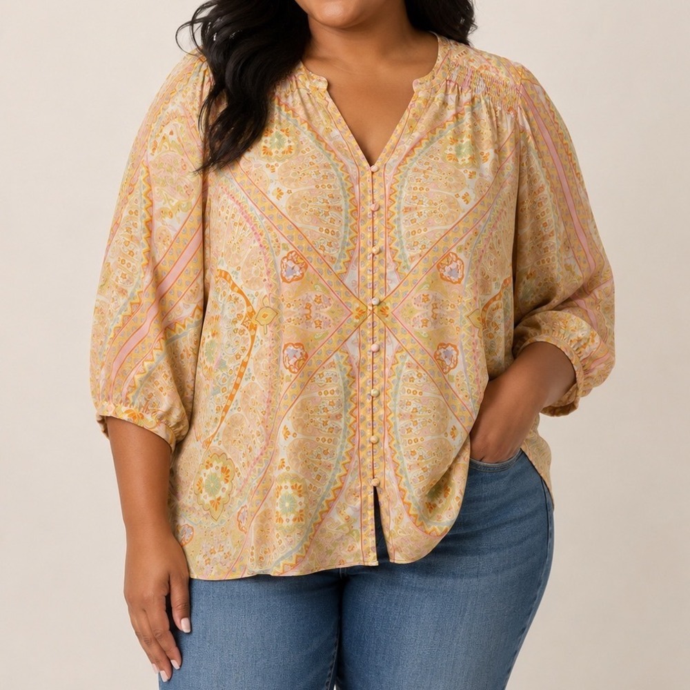 ROSE+OLIVE Floral Paisley Blouse Top‎ 3X Yellow Boho Peasant Smocked Back Retro